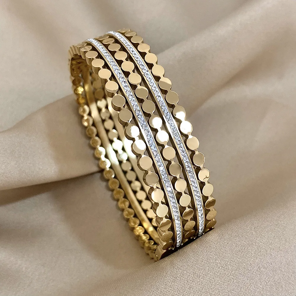 Fashion Layered Inlaid Rhinestone Stainless Steel Bangle For Women Unique Design Gold Silver Color Bracelets Bangles Waterproof