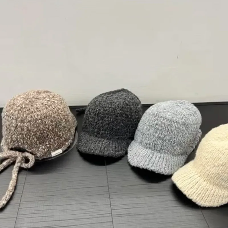 

Винтажные вязаные бейсболки с ремешком для женщин, осенне-зимние корейские уличные универсальные теплые шапки с утиным языком