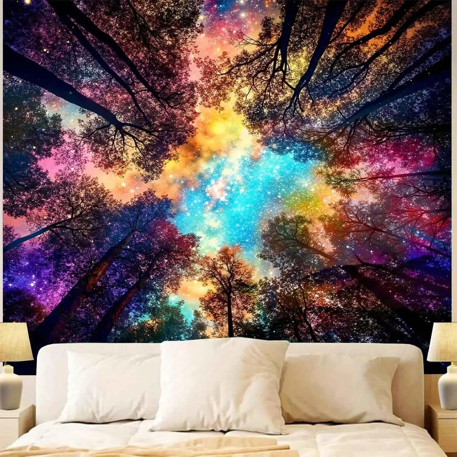 Forest Tapestry Nature Landscape Tapestry Starry Night Sky Tree Galaxy Tapestries Wall Hanging for Home Dorm Living Room Office
