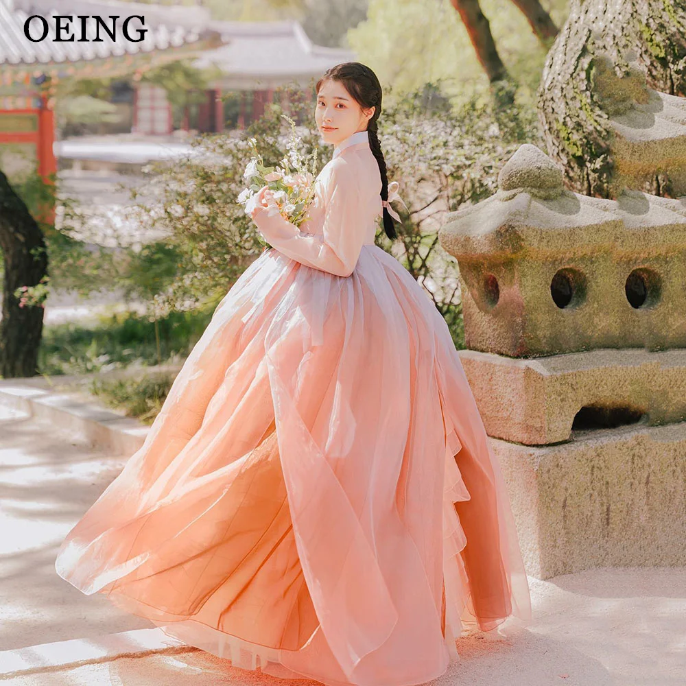 OEING Korea Blush Pink Porm Dresses Elegant Organza Long Sleeves Floor Length Tulle Tiered A Line Evening Gowns For Photo Shoot