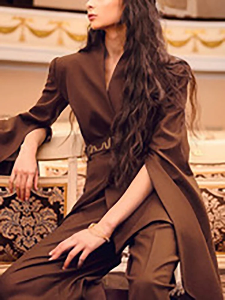 2025 New Women Solid Slimming Spliced Embroidery Temperament Blazers V Neck Long Sleeves Patchwork Lace Up Formal Long Dress