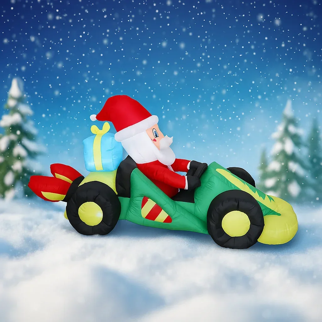 7.8FT ألعاب قابلة للنفخ عيد الميلاد ساحة ديكور سانتا القيادة سباق السيارات احتفالي المنزل زخرفة هدايا عيد الميلاد لعبة لوازم الزينة