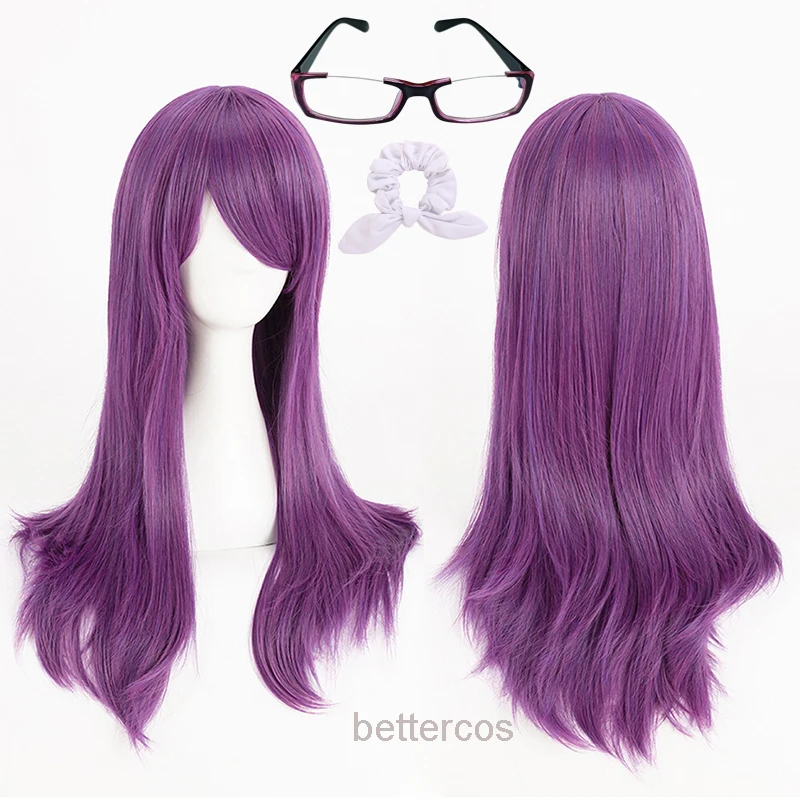 Perruque de Cosplay Anime Kamishiro Rize, 60cm de long, perruques synthétiques violettes résistantes à la chaleur, lunettes de Cosplay Kamishiro Rize, bandeau pour cheveux