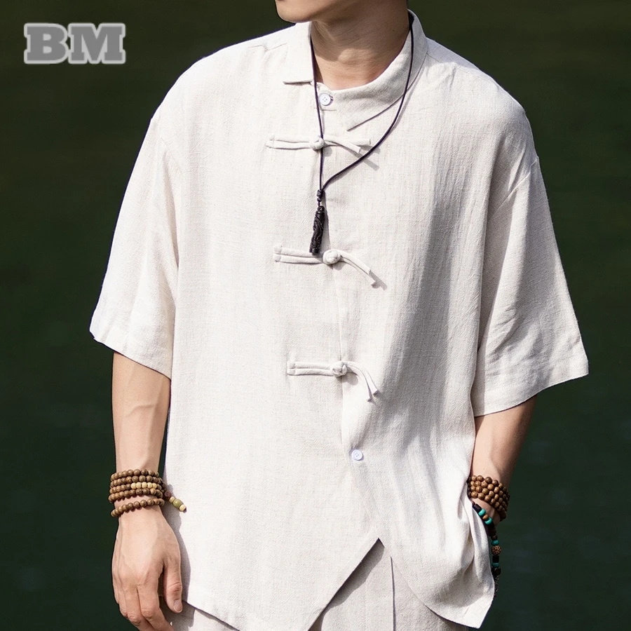 

Chinese Style Oblique Front Shirt Men Clothing Plus Size Vintage Casual Linen Hanfu Tai Chi Kung Fu Tops Summer Short Sleeve
