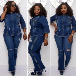 Two Piece Set Women Cowboy Suit Jean Jacket Single Breasted Turndown Collar Hole Flare Pants Female Outfits Casual Ensemble