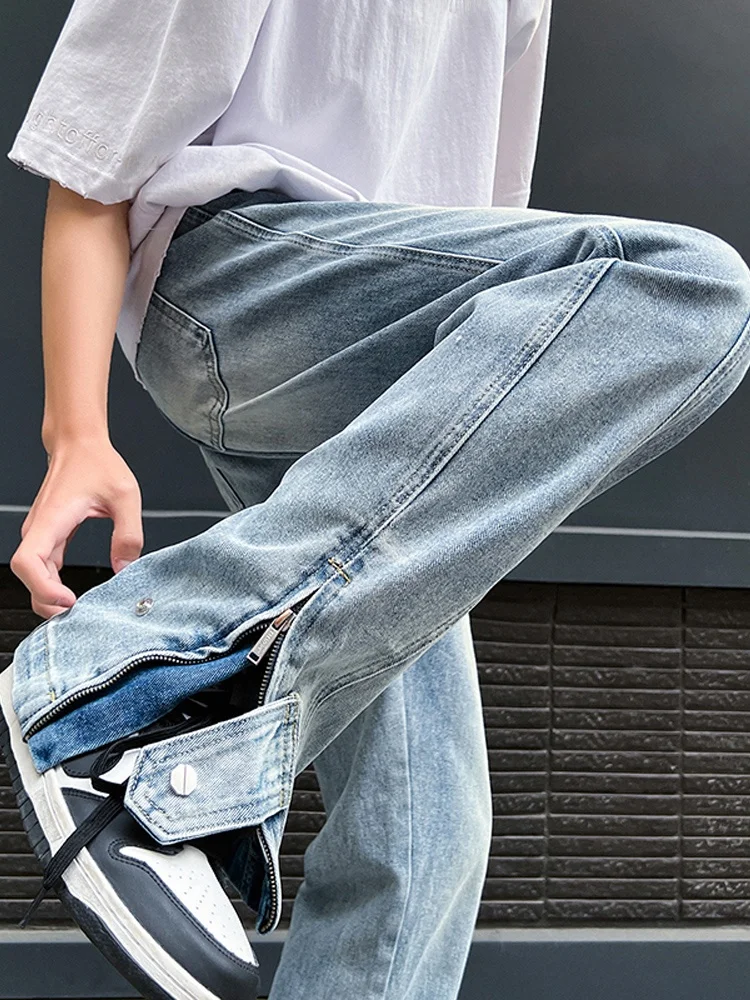 

American Sle Zipper Slit Jeans Men's Design Sensation Vibe Sle High Street INS Trendy Brand Loose Flared Cotton Polyester