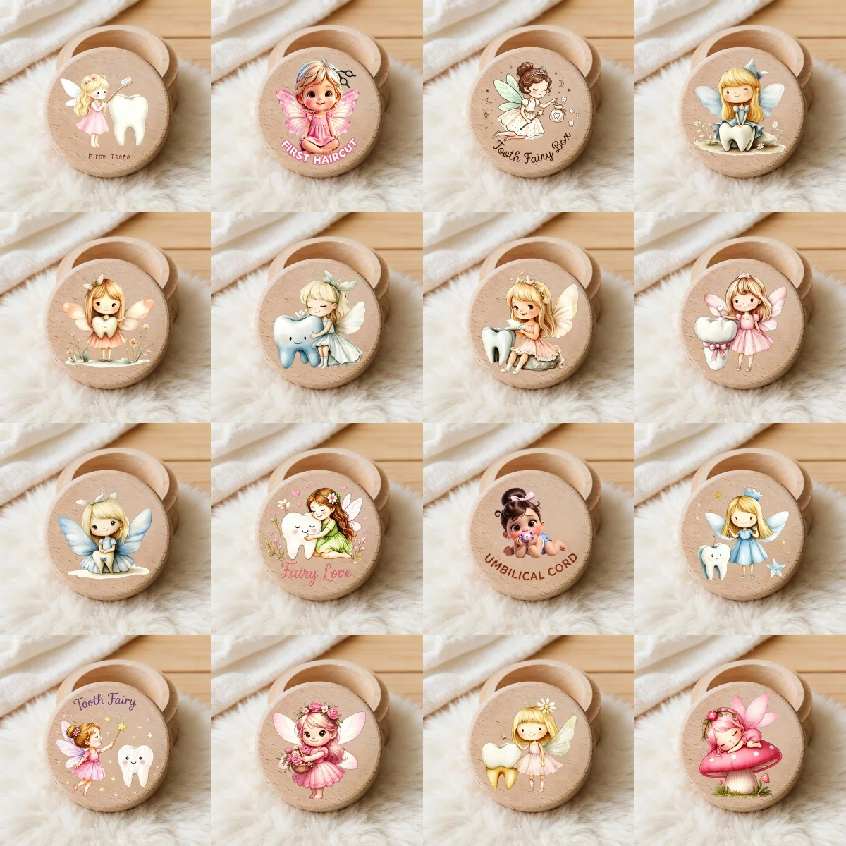 2D Wooden Fairy Girl Baby Teeth Storage Box Color Printing Hairpin Relic Preservation Box Newborn's First Birthday Gift