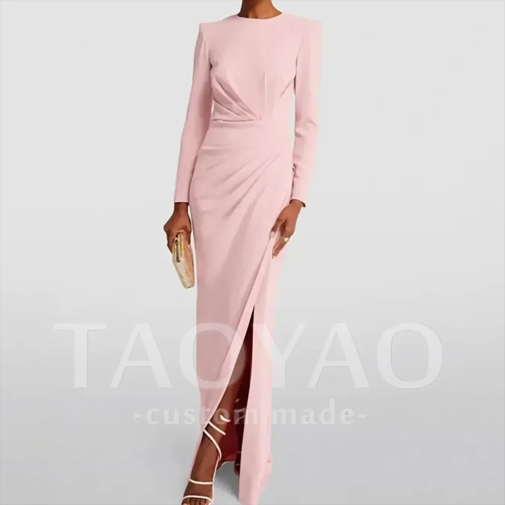 

Customized Pink Mermaid Evening Dress O-Neck Straight Pleated Prom Dress Long Sleeves Party Dresses for Women 2025 فساتين