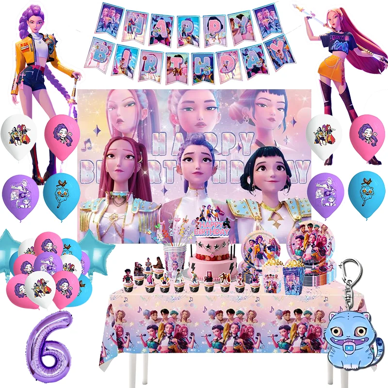 Kpop Demon Hunter Decoration Birthday Supplies Hunter Birthday Theme Banner Tableware Plates Popcorn Box keychain Party Favors