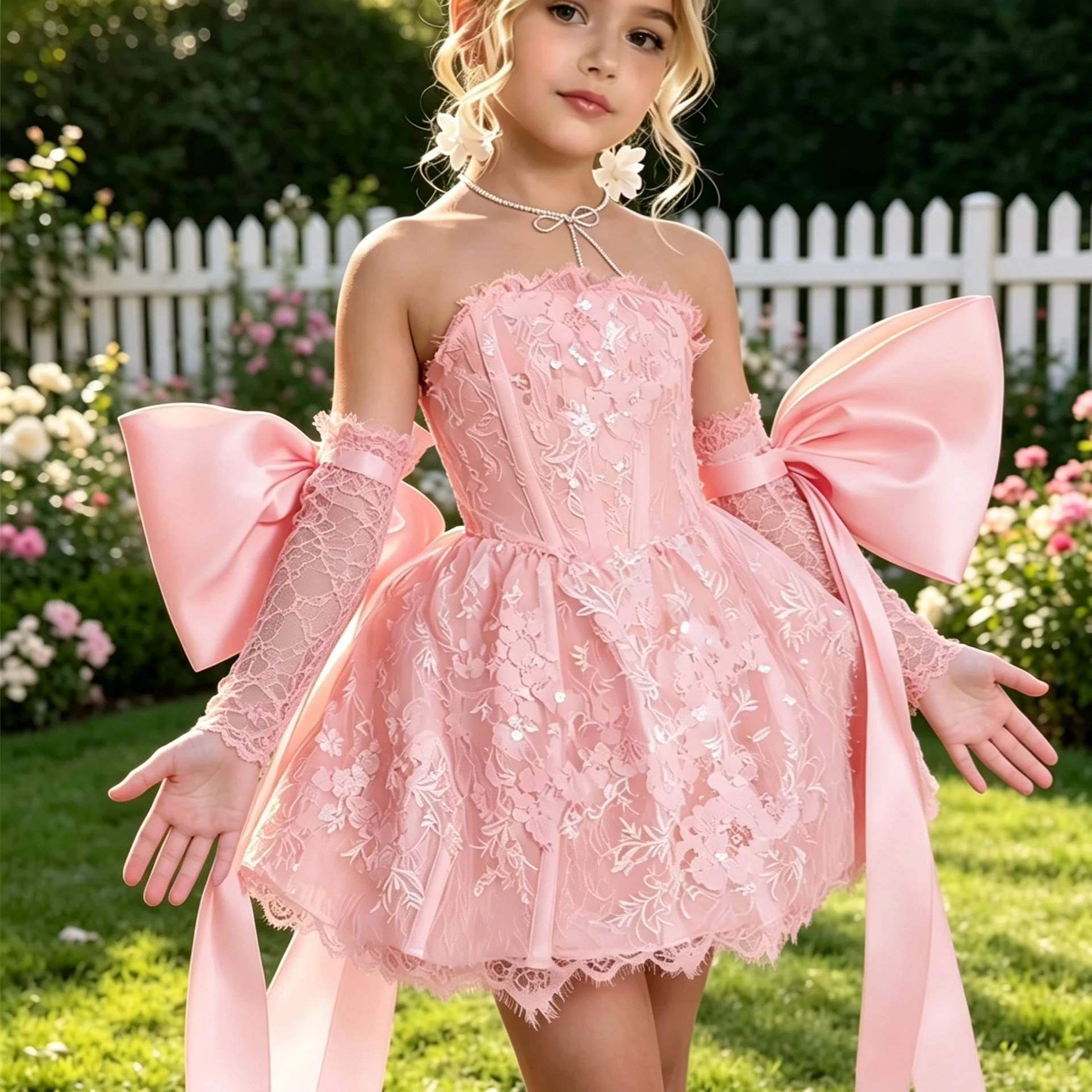 Maßgeschneidertes Blumenmädchenkleid für die Hochzeit, Schleife, Spitze, ärmellos, knielang, elegantes Kleid für Kindergeburtstag, Erstkommunion