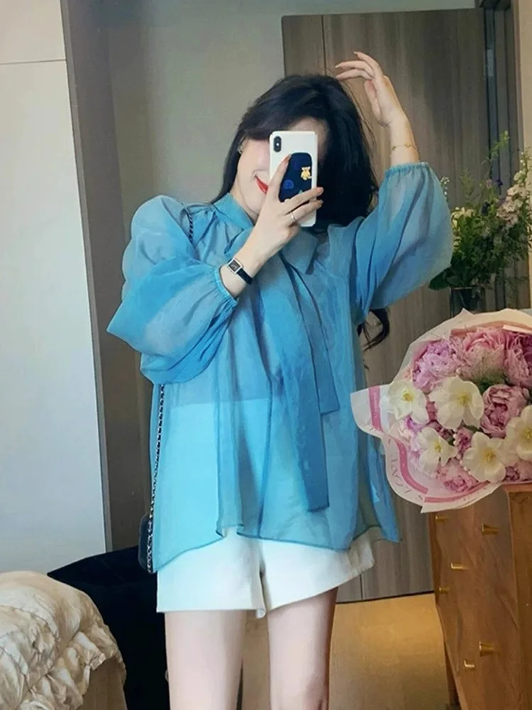 

Blue Chiffon Long Sve irt Women's Summer Large Size Loose Unique Beautiful Sunscreen Small Top Casual Sle round Ne