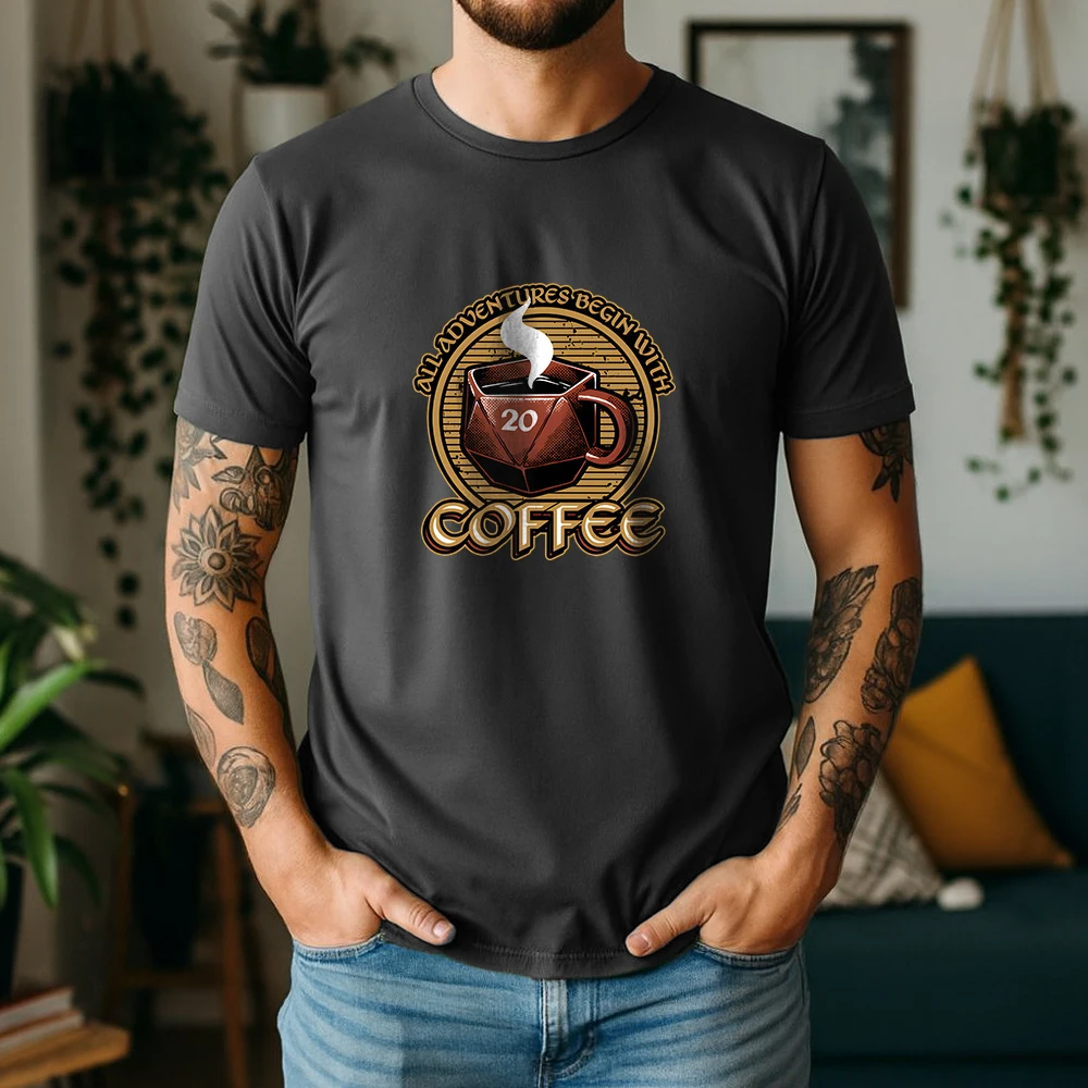 2026 New Summer Mens Casual Cotton Tee Soft Short Sleeve with Coffee Mug Graphic Vintage Adventure Style Daily Wear