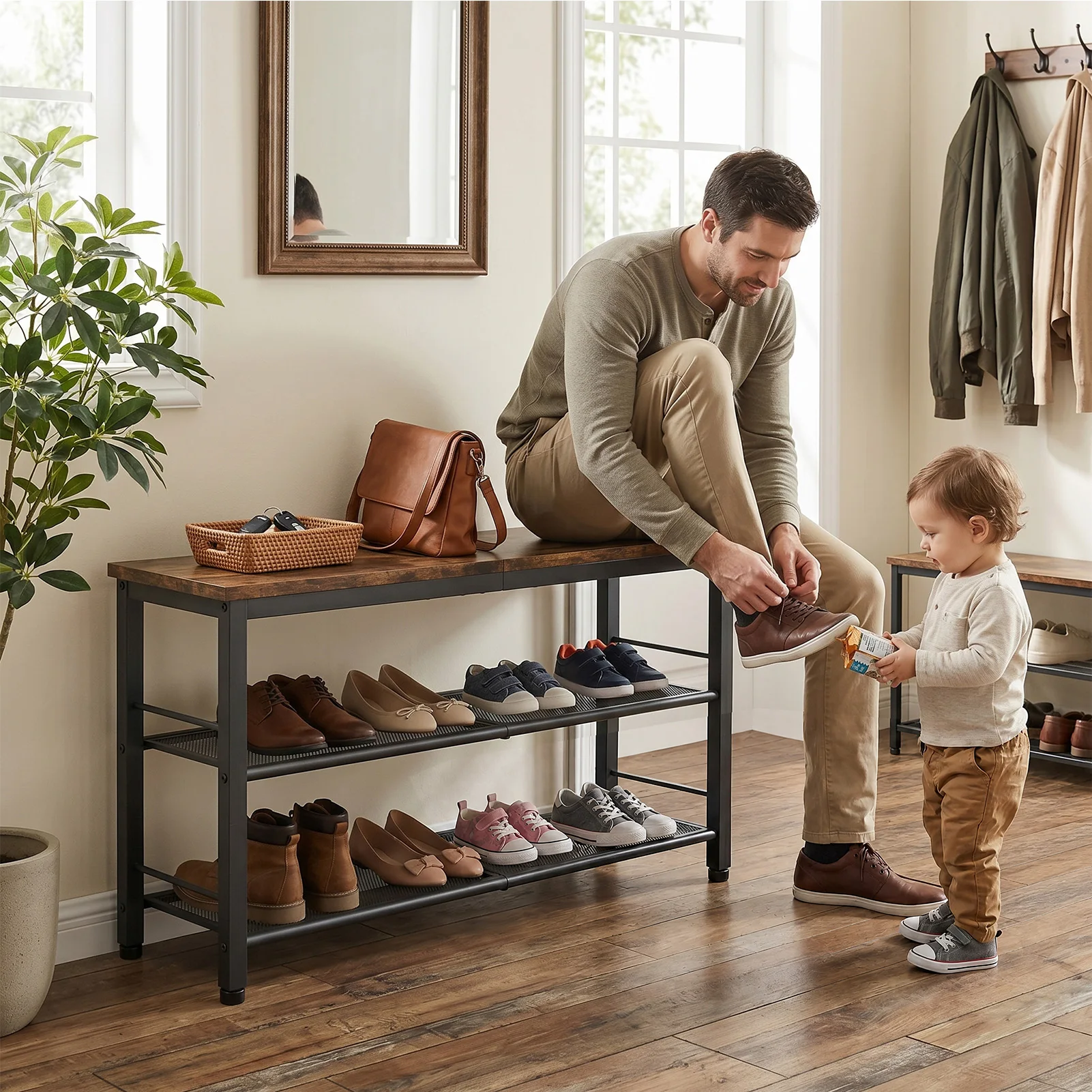 【US】Wood Shoe Bench 3 Tier Shoe Organizer Storage Rack with Metal Frame Industrial Style for Entryway Hallway Living Room Easy Assem