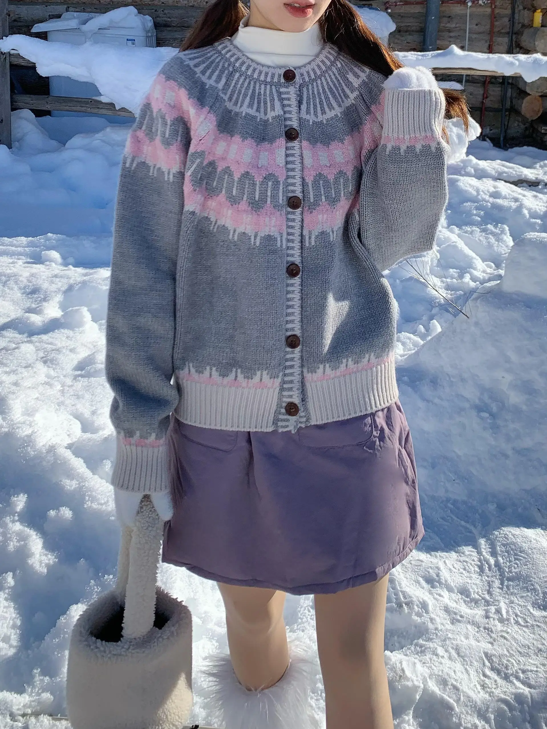 

Розовый вязаный кардиган в корейском стиле с круглым вырезом, утепленный, свободного кроя, для повседневной носки, длинный