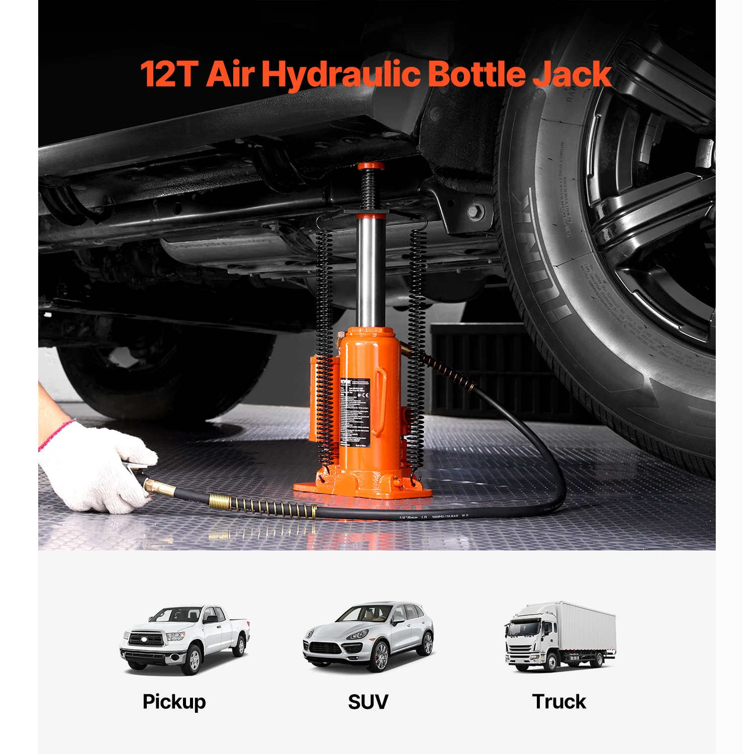 VEVOR Air Hydraulic Bottle Jack, 12 Ton Pneumatic Hydraulic Bottle Jack with Manual Hand Pump for Pickup, Truck, RV, Auto Repair