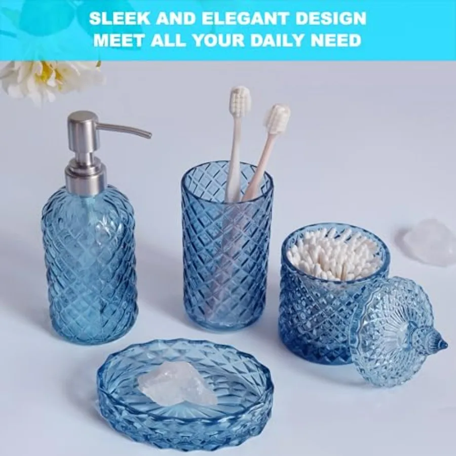 Set di accessori da bagno in cristallo, set di dispenser per lozioni blu da 9 pezzi, portasapone, portaspazzolino, bicchiere, vasetti per tamponi di cotone