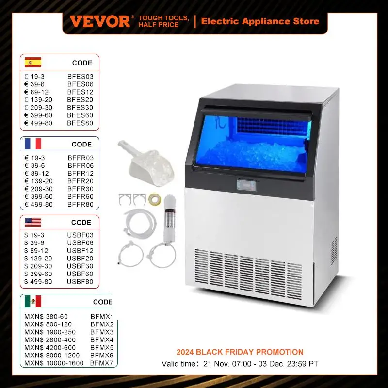 VEVOR Commercial Ice Maker 200lbs/24H Ice Maker Machine 90 Ice Cubes in 12-15 Minutes Freestanding Cabinet Ice Maker LED Display