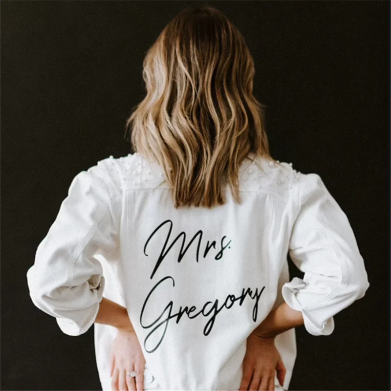 

Custom Mrs. Denim Jacket Wedding Personalized Bride Denim Jacket Custom White Jean Jacket Bachelorette Favor Gift Jacket