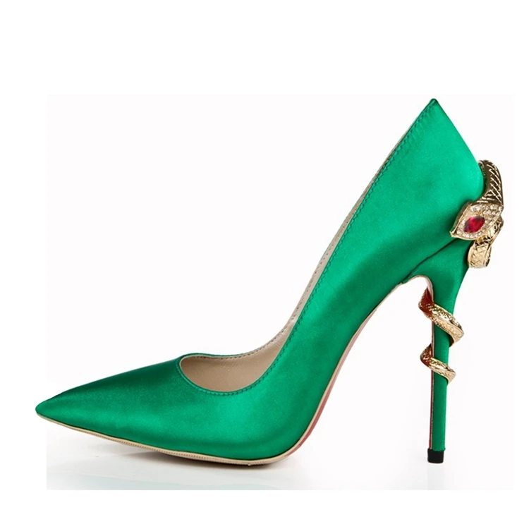 الفوشيه الزنجبيل الأزرق الملكي الحرير الأفعى التوأمة أحذية عالية الكعب النساء أشار تو المعادن الأفعى ديكور الكعوب أحذية الزفاف