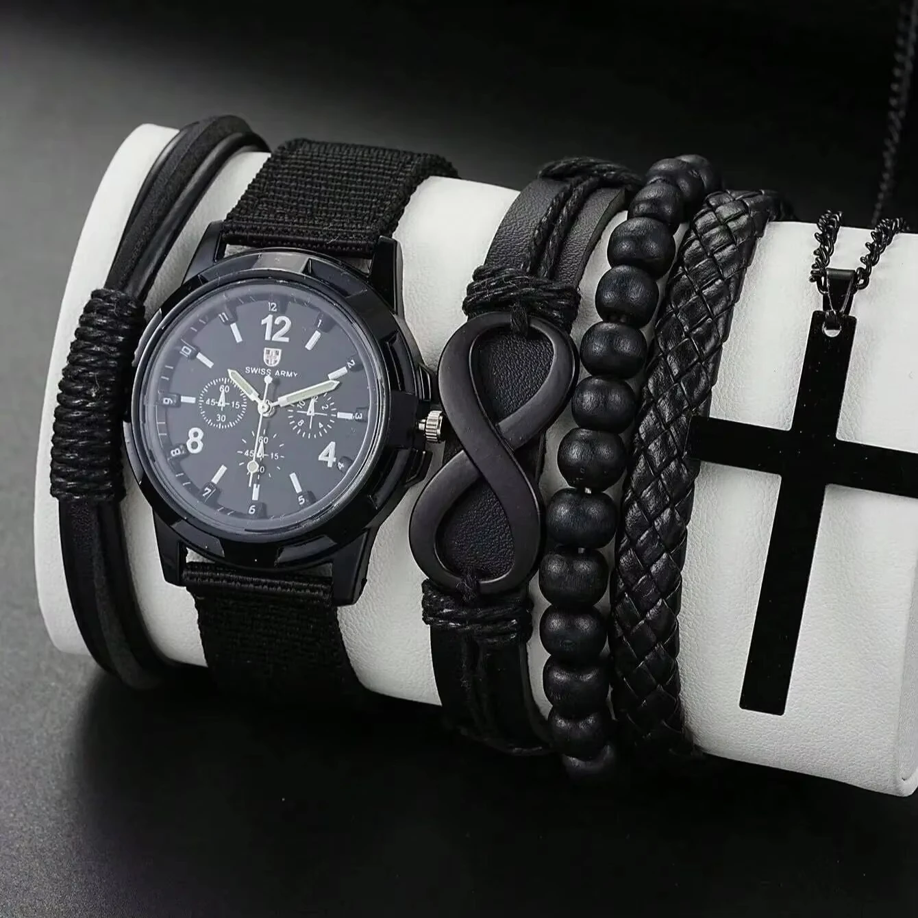 5/6pcs Set Fashionable Pu Leather '8' Shape Beaded Bracelet With Mechanical Watch, Cross Pendant Necklace For Men, Black-Colored