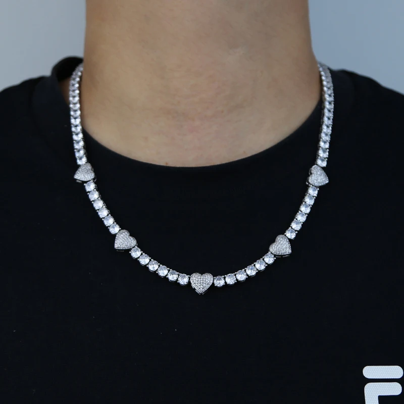 2025 New Iced Out Bling Heart Pendant Necklace Silver Color AAA Zircon 5mm Tennis Chain Charm Women Men Hip Hop Fashion Jewelry