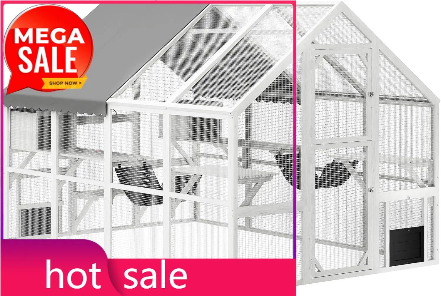 

110" L Large Catio Outdoor Cat Enclosure for Multiple Kittens, 56 sq.ft Wooden Cat House with Waterproof Cover, Walk in Kitty Ca