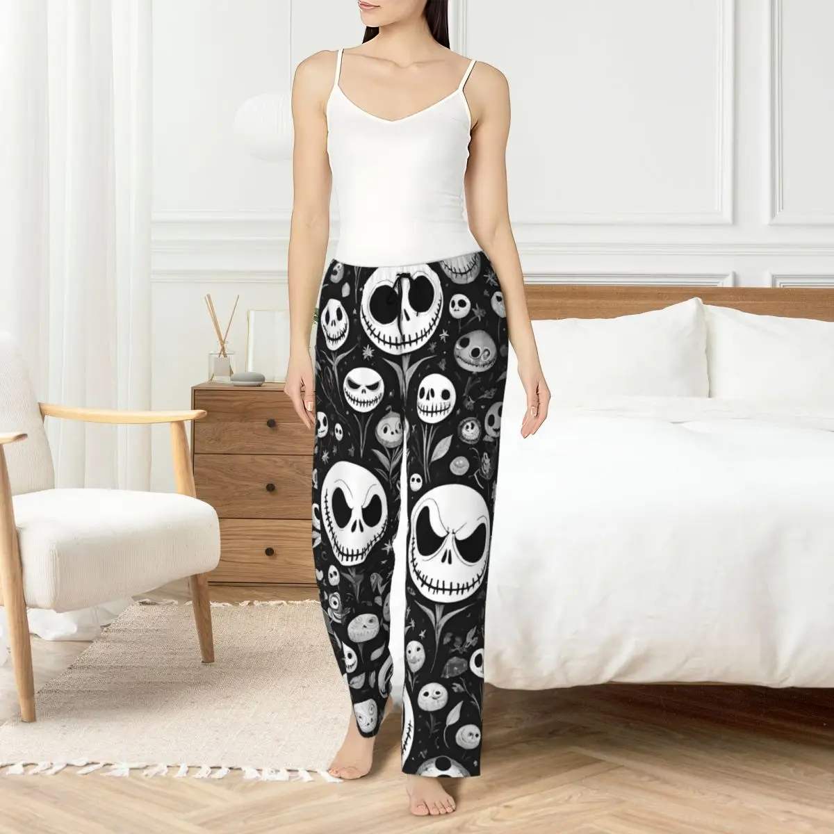 

Custom Jack Skellington Pajama Pants Sleepwear Women Elastic Waistband Sleep Lounge Bottoms with Pockets
