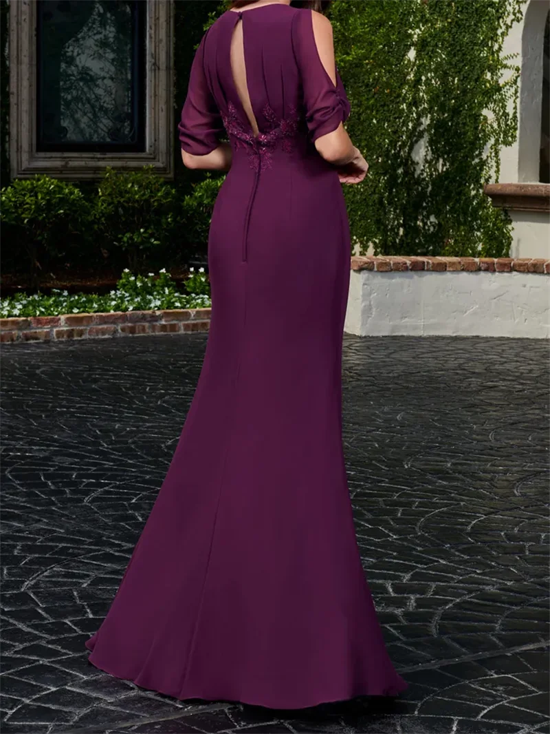 Popular Purple Mother of the Bride Dress Chiffon Fitted A-Line Formal Occassion Dresses with Scoop Neckline