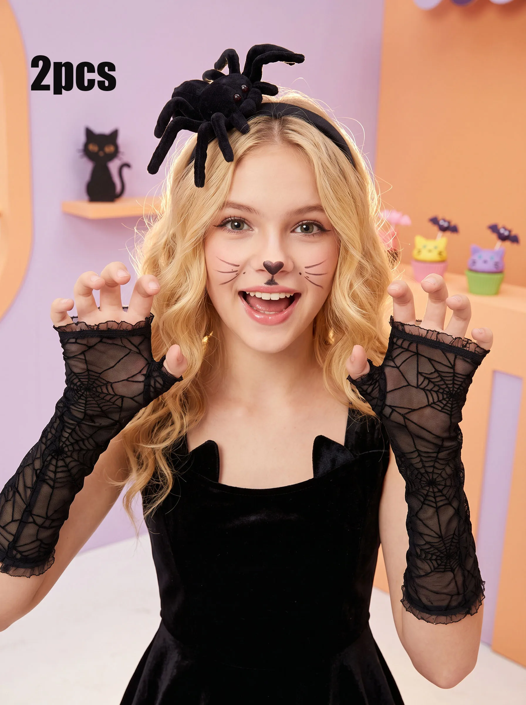 2Pcs Teen Girls Halloween Accessory Set Plush Spider  Extra Long Spider Web Fishnet Fingerless Gloves For 14-16Y