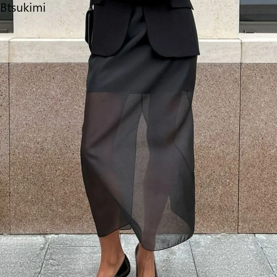 Women Y2K Mesh See Through Maxi Skirt High Waist Patchwork Slim Solid Color Summer Sexy High Street Long Skirt Female Bottoms
