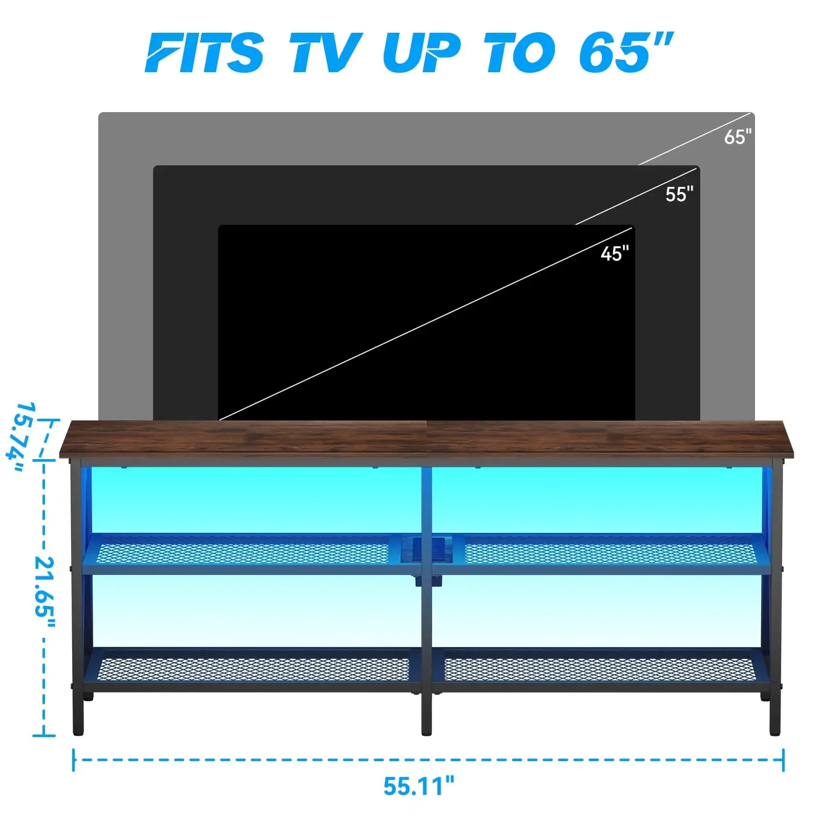 55 inch TV Stand for 65 inch TV, TV Cabinet with 20 Colors LED Lights for Living Room, Brown