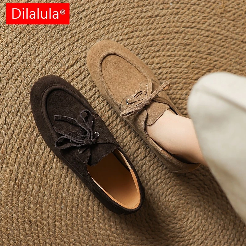 

Dilalula 2025 Classic Genuine Cow Suede Pumps Women Lace Up Flat Heel Boat Shoes Female Retro Comfort Daily Autumn Walk Flats