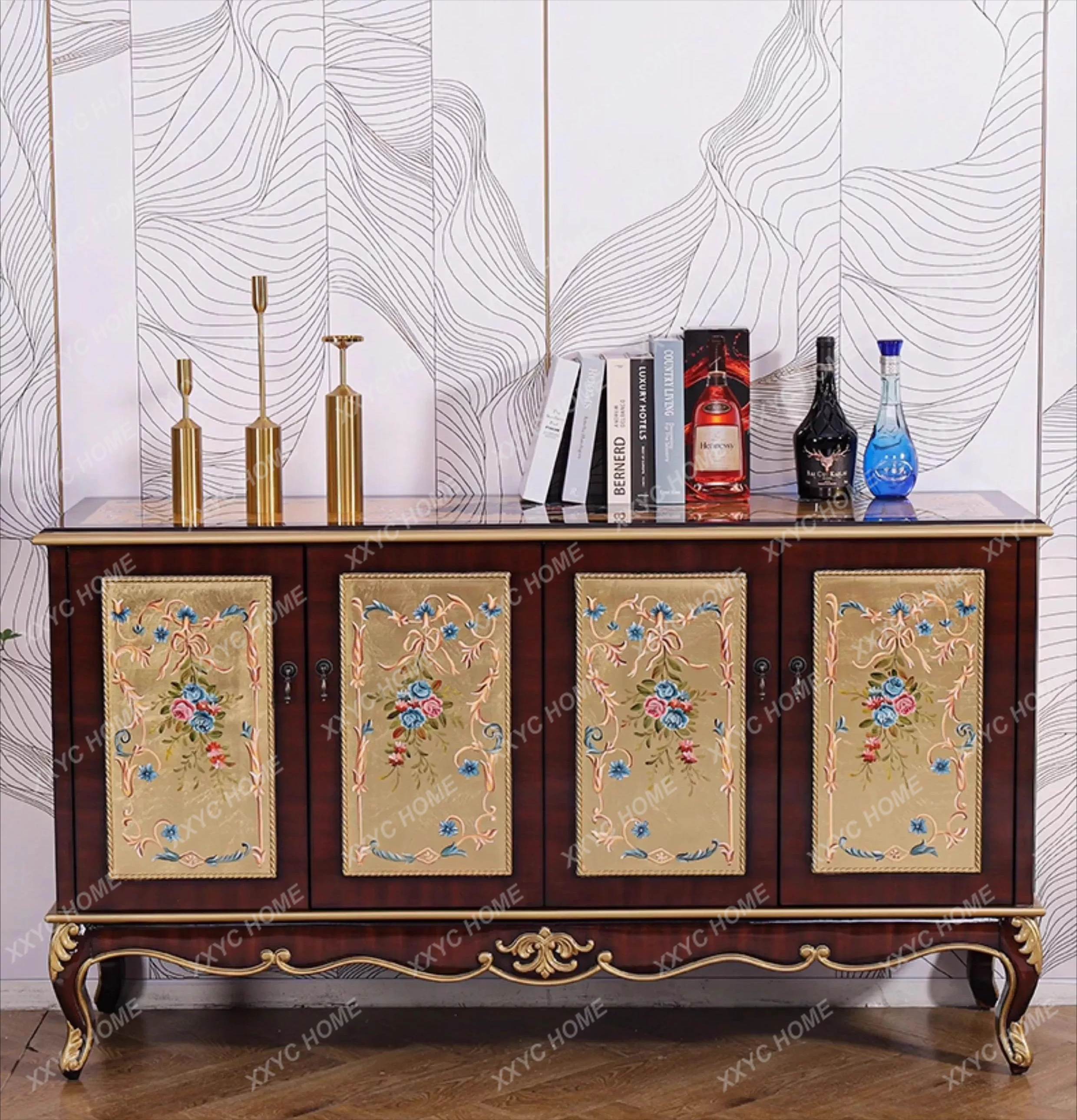 Solid wood gold foil hand-painted carved living room entrance cabinet