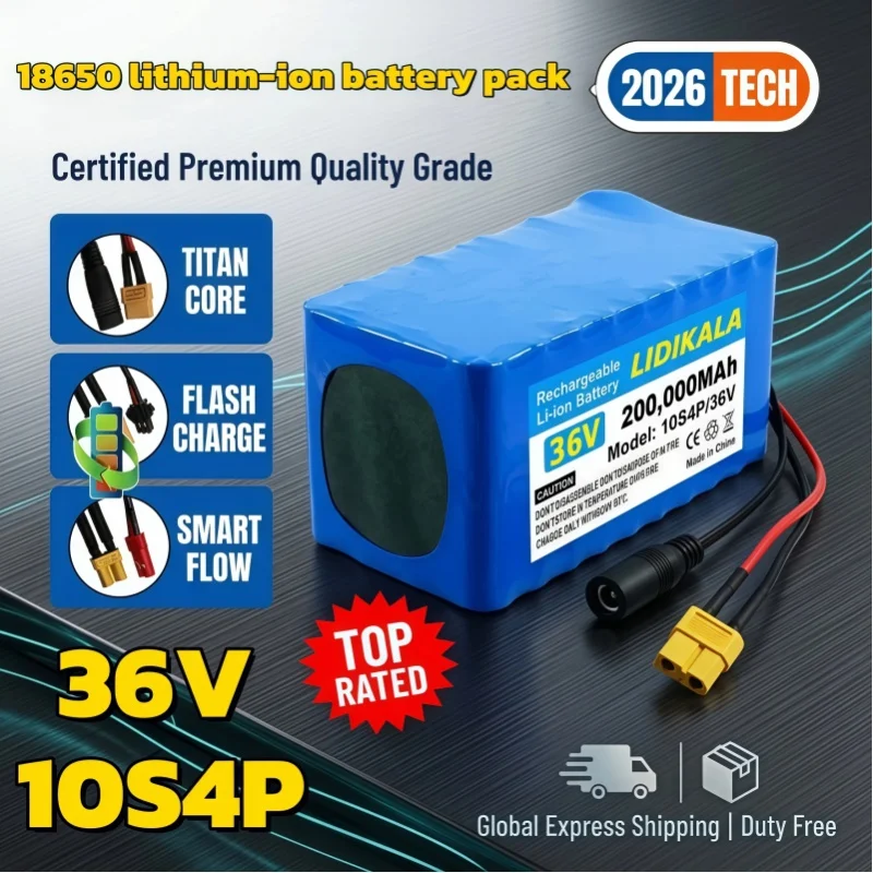 36V 10S4P 200Ah 18650 Lithium-Akku, 500W Hochleistungs-Li-Ionen-Akku mit 42V 2A Ladegerät, geeignet für Elektrofahrräder, Roller und kleine Elektrofahrzeuge.