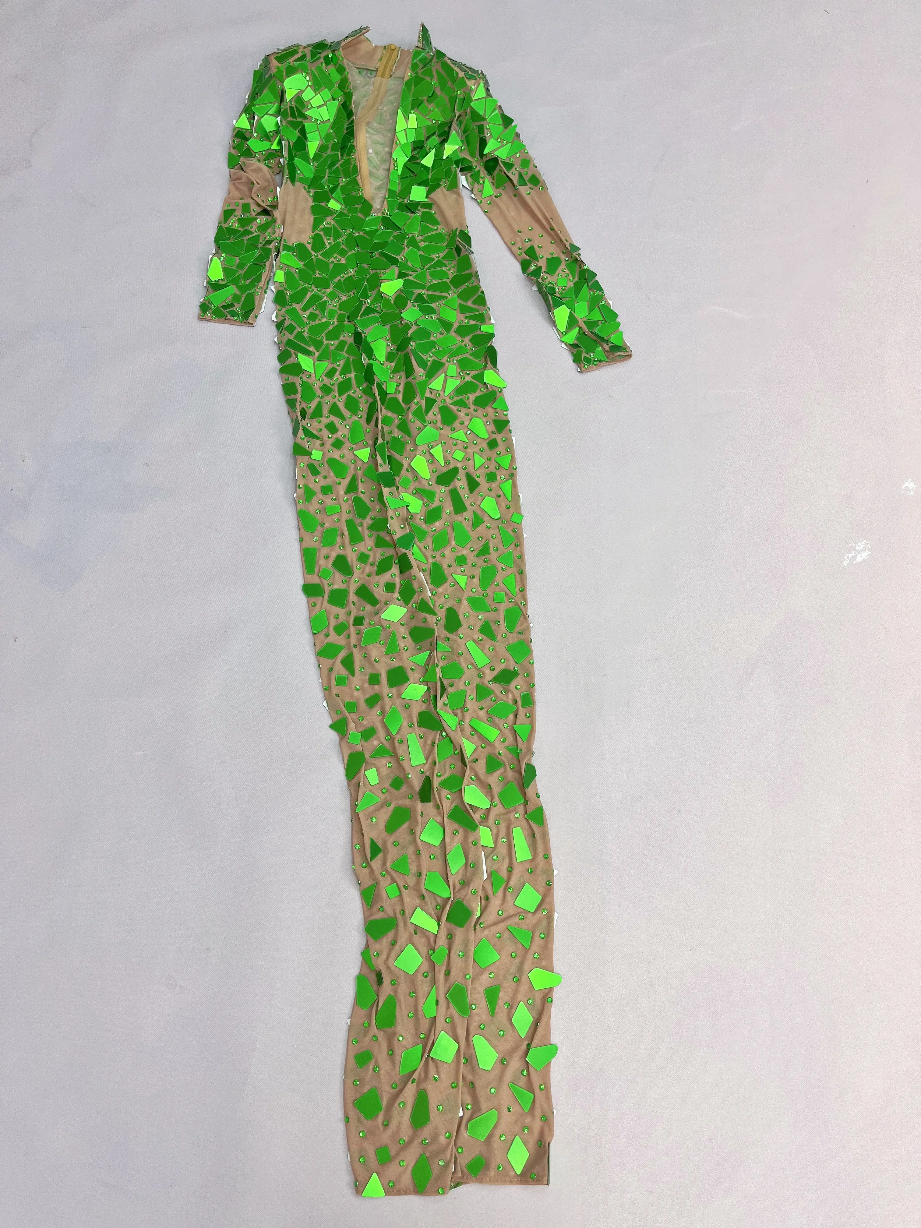 Shiny Green Mirrors Rhinestones High grade Gown Long Sleeves Mesh Dress Evening Prom Outfit Show Stage Perform Costume Feicuijia