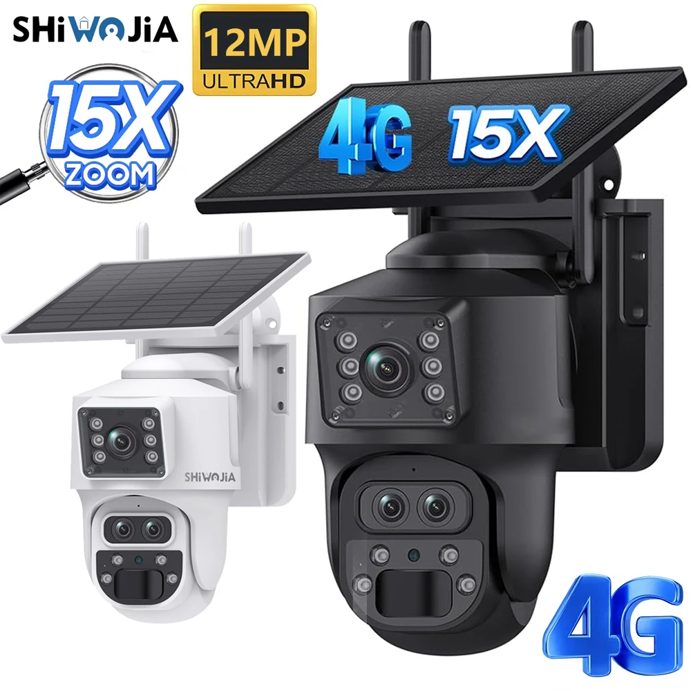 

SHIWOJIA 15X Optical ZOOM Solar Camera 4G 12MP Three Lens 360° View 5W Solar Panel Security Outdoor PTZ IP Camera 7800mAh Batter