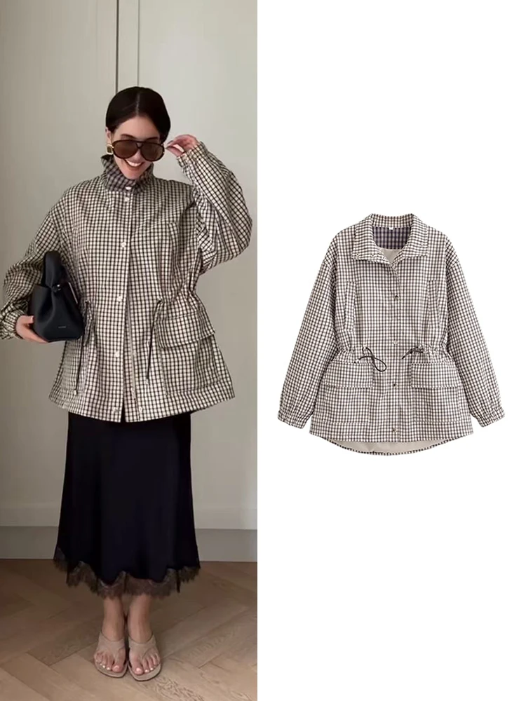 

TFMLN Women Plaid Print Coat Turlteneck Jacket Drawstring Waist Long Sleeve Pocket Oversized Streetwear Spring Outerwear Ladies