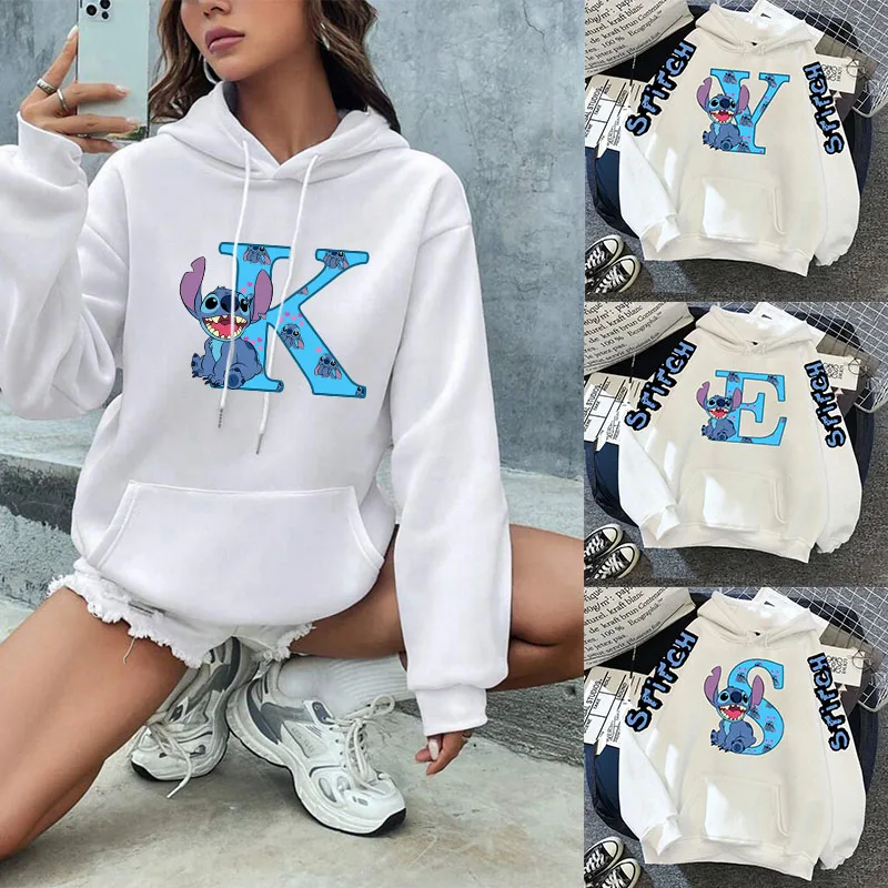 

Cute Stitch A-Z English Letters Hoodie Women's Sweatshirts Y2k Sweatshirts Woman Clothing Long Sleeve Stitch Disney Hooded Shirt