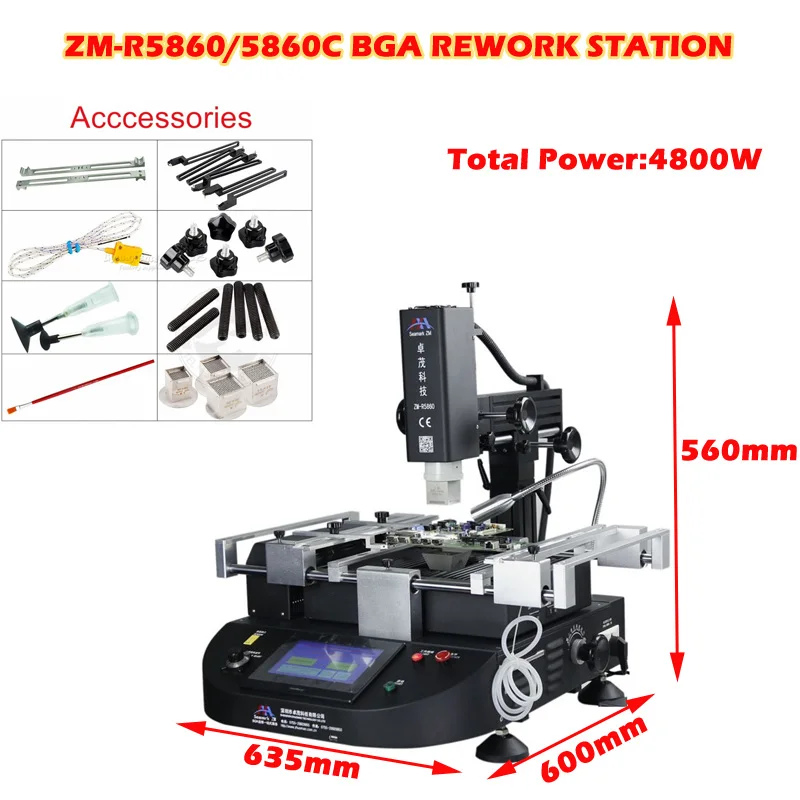 

ZM-R586/R5860C 4800W BGA Rework Station 3 Zones with BGA Tools in Solder Flux Welding Stencils Balls for IC Chip Repair