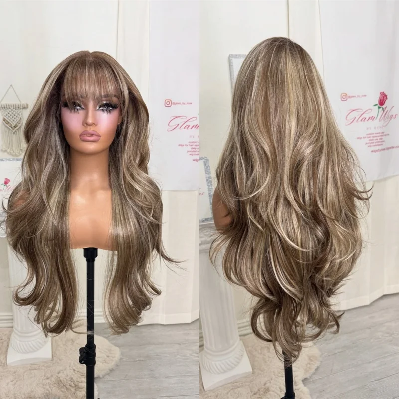 Ombre Creamy Brown HD Invisible Synthetic Lace Front Wig with Bangs Natural Long Loose Wave Wig for Women Daily Party Cosplay