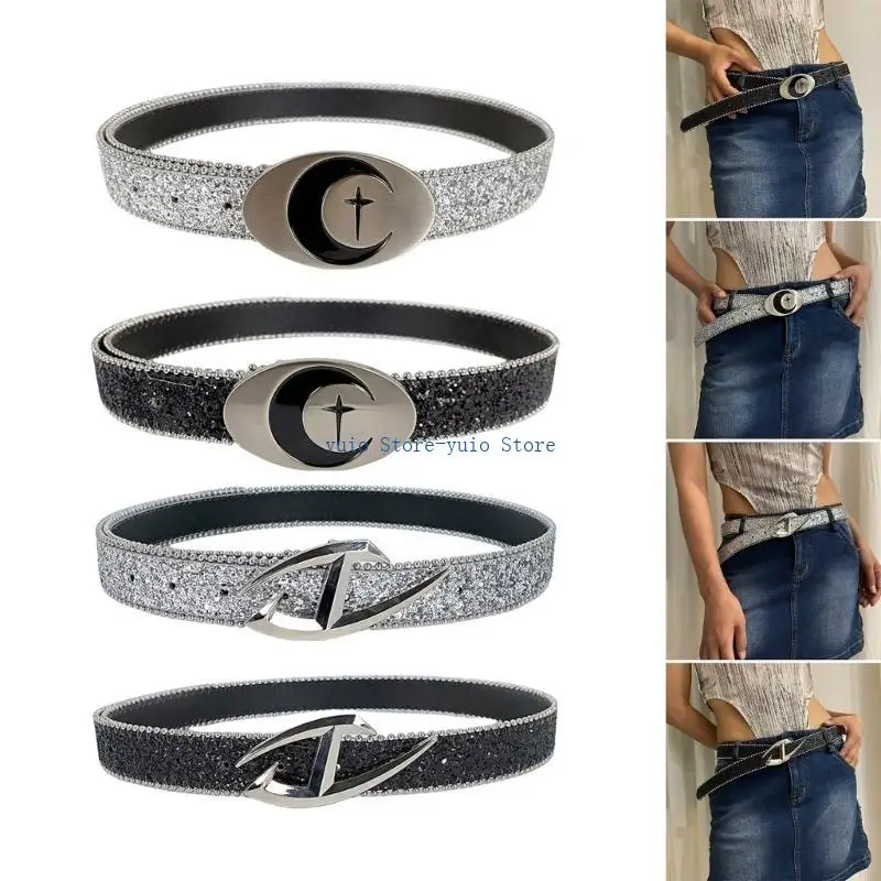 

X7XB Letter/Oval Buckle Belt for Women and Girl with Beaded Trim Glittering Waist Belt for Jeans Pants Casual Waistband