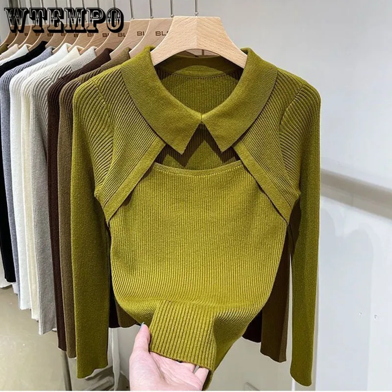 Polo Collar Hollowe Knit Pullover Hotsweet Women Long Sleeve Slim Top Casual Thin Sweater SolidColor Undershirt Office Lady Fall