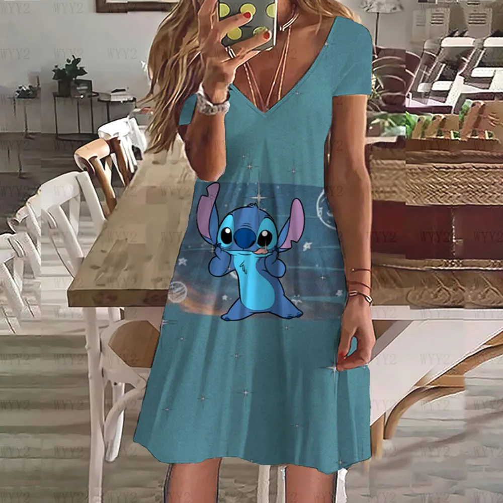 Vestido de festa de verão com decote em v disney stitch impressão venda quente nova moda elegante feminina simples e confortável saia feminina