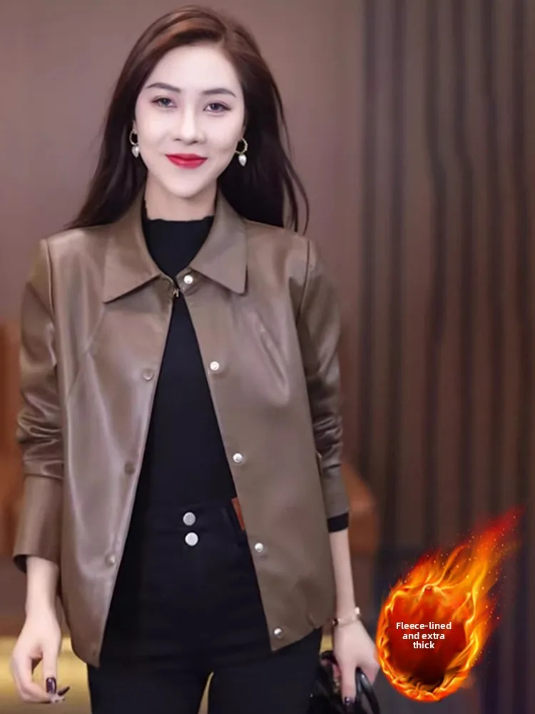 

Модная повседневная утепленная куртка из искусственной кожи для женщин, в стиле ретро, гонконгский стиль, на пуговицах, с длинными рукавами, однотонная