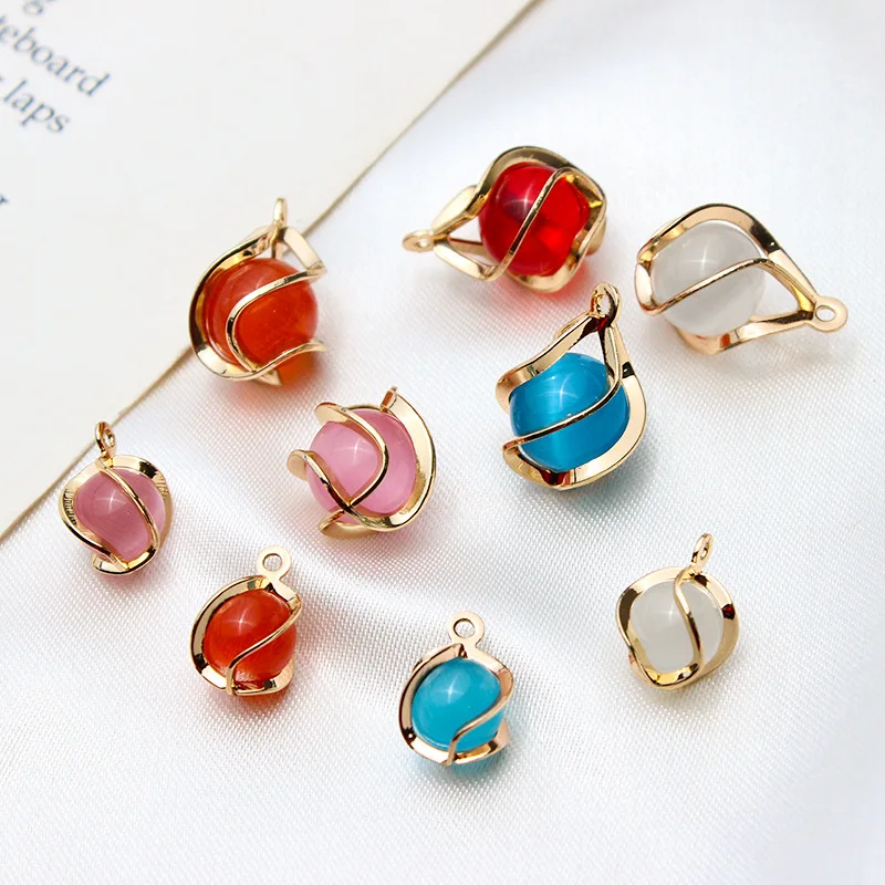 1pcs Diy Accessories Copper Edging Geometric Cat's Eye Stone Antique Earrings Pendant Small Charms Handmade Material