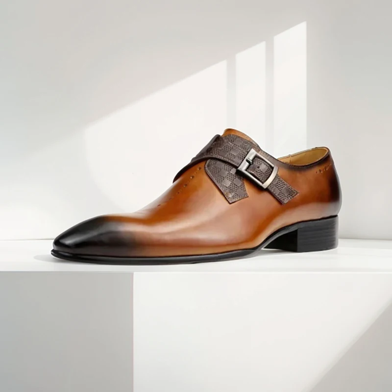 

Monk Shoes Men Cow Leather Slip-Ons Formal Footwear Pointed Toe Buckle Straps Men Business Dress Shoes