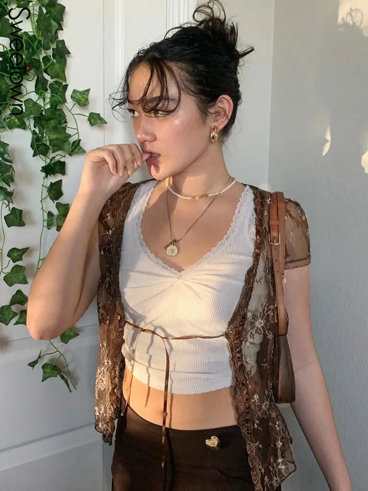 Sweetown Brown Vintage New Lace Crop Top Short Sleeve See Through Sexy Mesh Woman Tshirts V Neck Lace Up Floral Kawaii Clothes