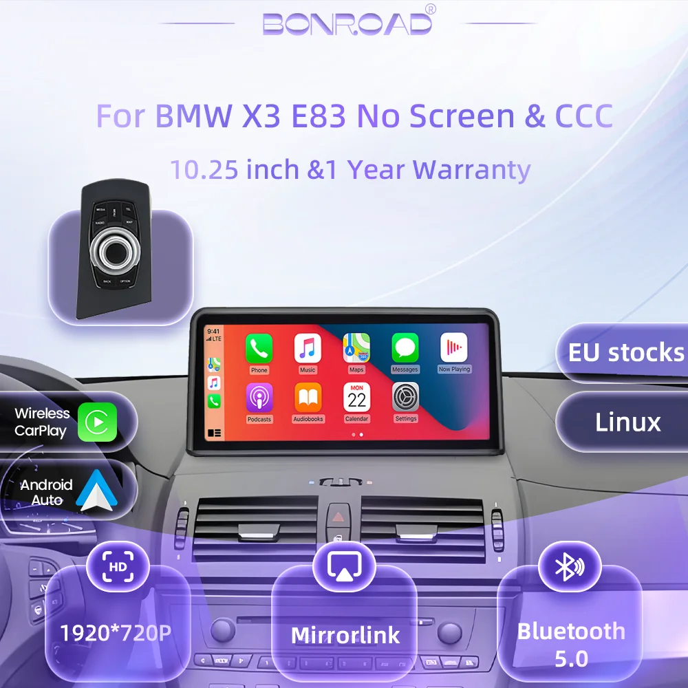 BONROAD, autoradio con schermo touchscreen multimediale Linux, compatibile con CarPlay wireless, da 10,25 pollici, risoluzione 1920x720, per BMW X3 E83. Non include lo schermo, sistema CCC,