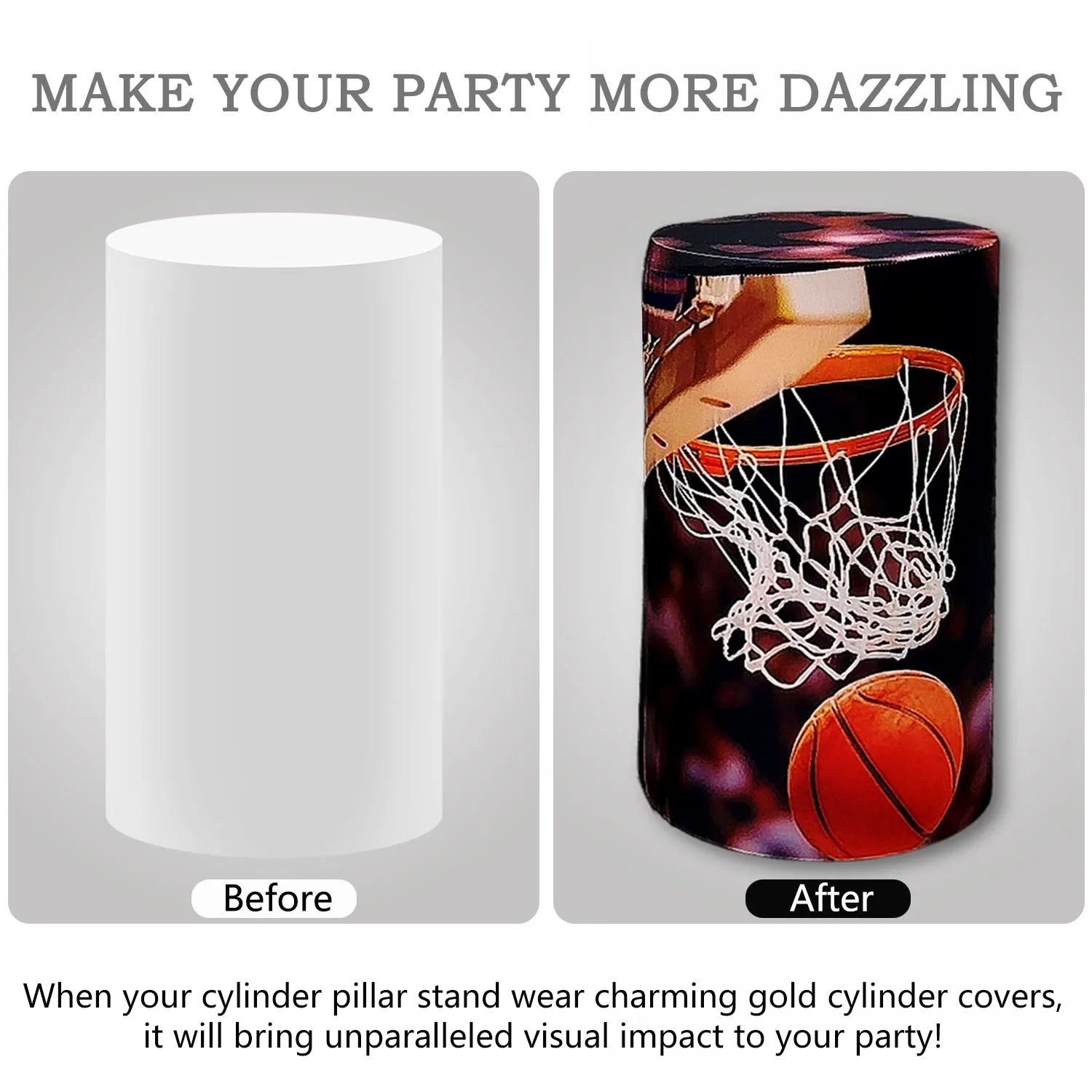 1set (5 Pcs) Cylinder Covers Basketball Sport Theme Stretchy Pedestal Cover for Birthday Party Baby Shower Tablecloth Decor Prop