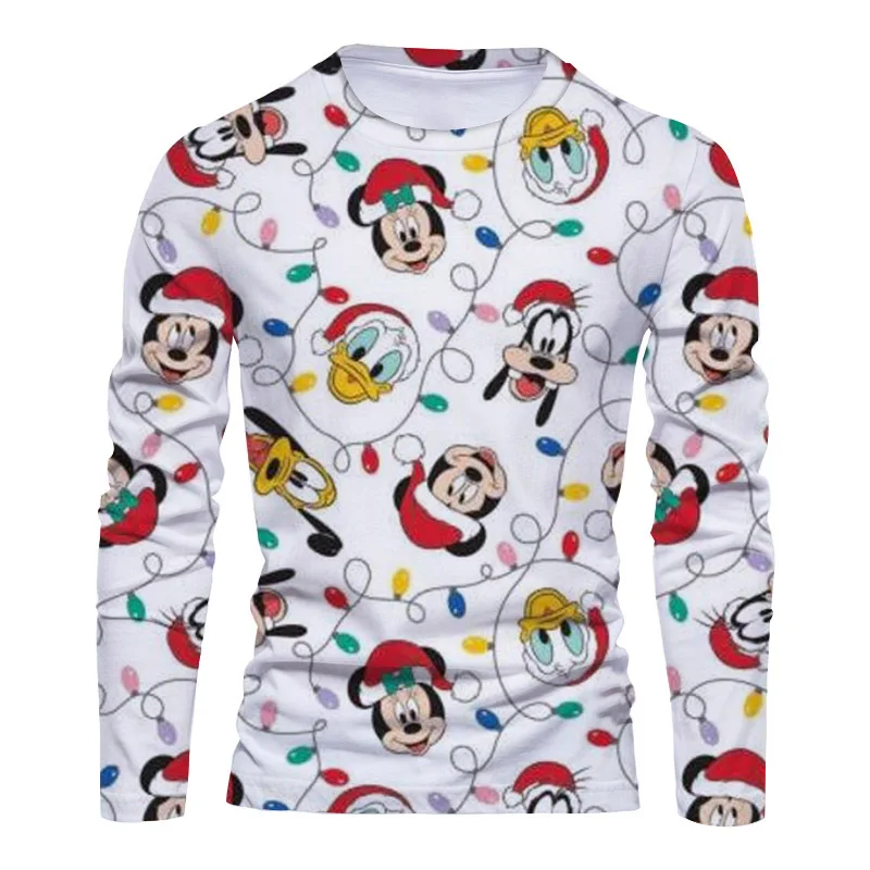 New Christmas New Disney Brand Mickey and Minnie Anime 3D Printing Fashion Casual Trend Men\'s Round Neck Long Sleeve T-Shirt